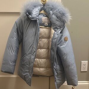 Woolrich Light Blue Puffer Jacket with Faux Fur Hood
